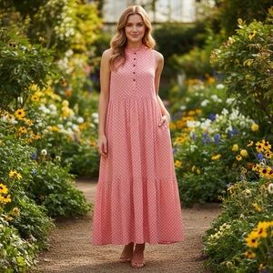 GIBSONLOOK “Sunny Day” Pink Fan Print Sleeveless High Neck Tiered Maxi Dress NWT